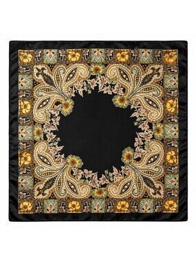 Luxury Paisley Floral Satin Scarf for Women  35” Square Black Gold Sage Green